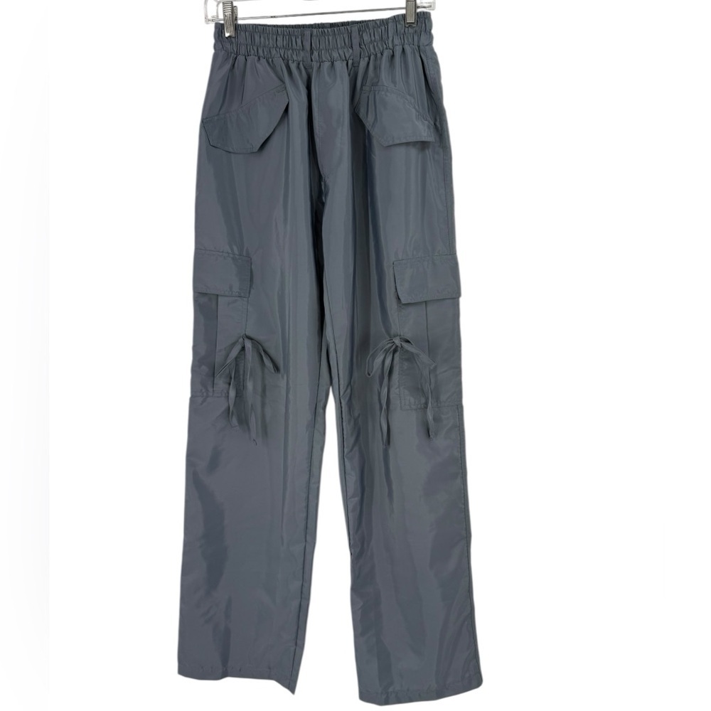 NWT PrettyLittleThing Grey Shell Tie Detail Straight Leg Cargo Pants Y2K, 8 - Picture 2 of 12